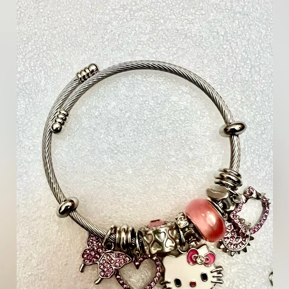 Hello Kitty Pink and Silver Charm Bracelet and Necklace Jewelry Set NIB